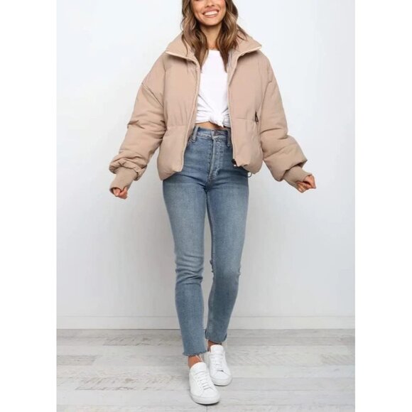 Women’s Khaki Winter Cropped Coat Short Warm Imported Quilted Puffer Jacket - Picture 2 of 6